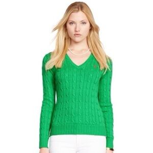 Ralph Lauren Sport V- Neck Cable-Knit Green Pink Pony Cotton Sweater, Large